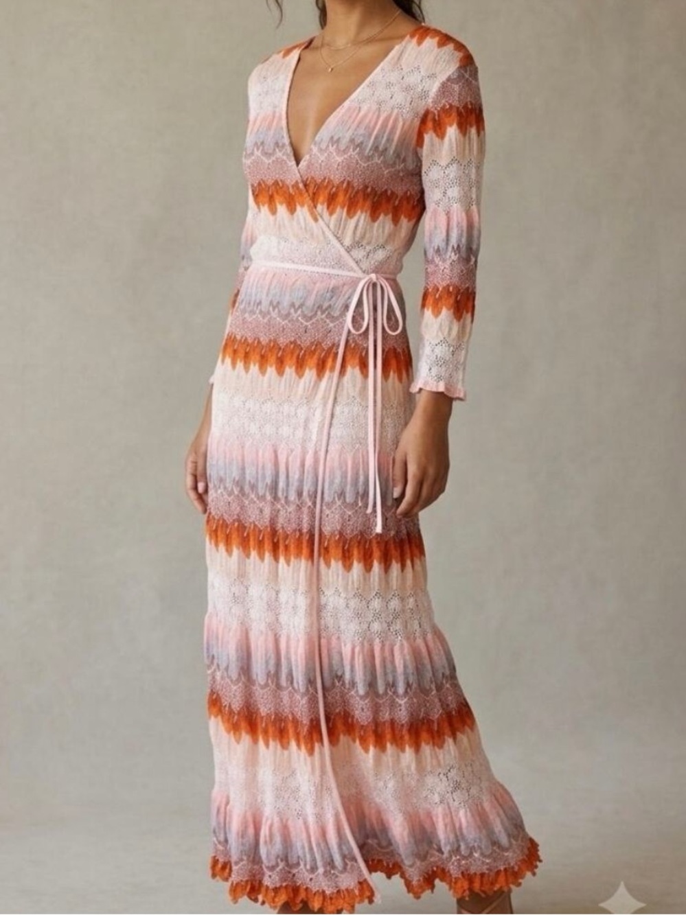 New! DX Collection Dixie Knit Wrap Dress Pink Orange Crochet Medium NWT
